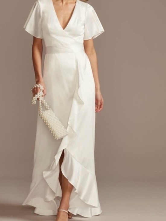 David's Bridal Dresses & Skirts - David’s bridal White Satin Wrap Dress with Ruffle Hem